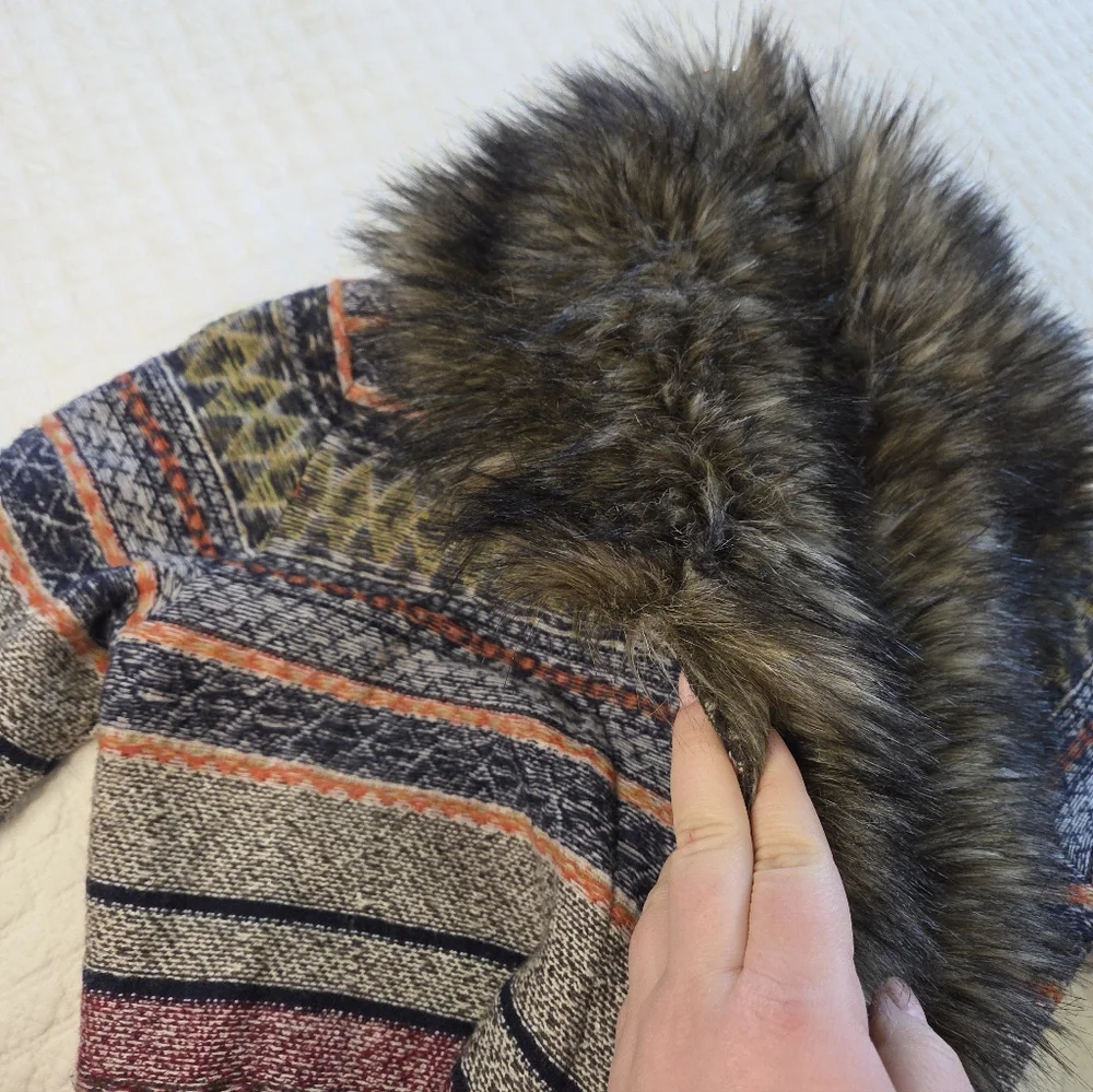 Anthro Angel of the North Faux Fur Collar Long Cardigan Lambswool Sweater XS - Picture 11 of 13